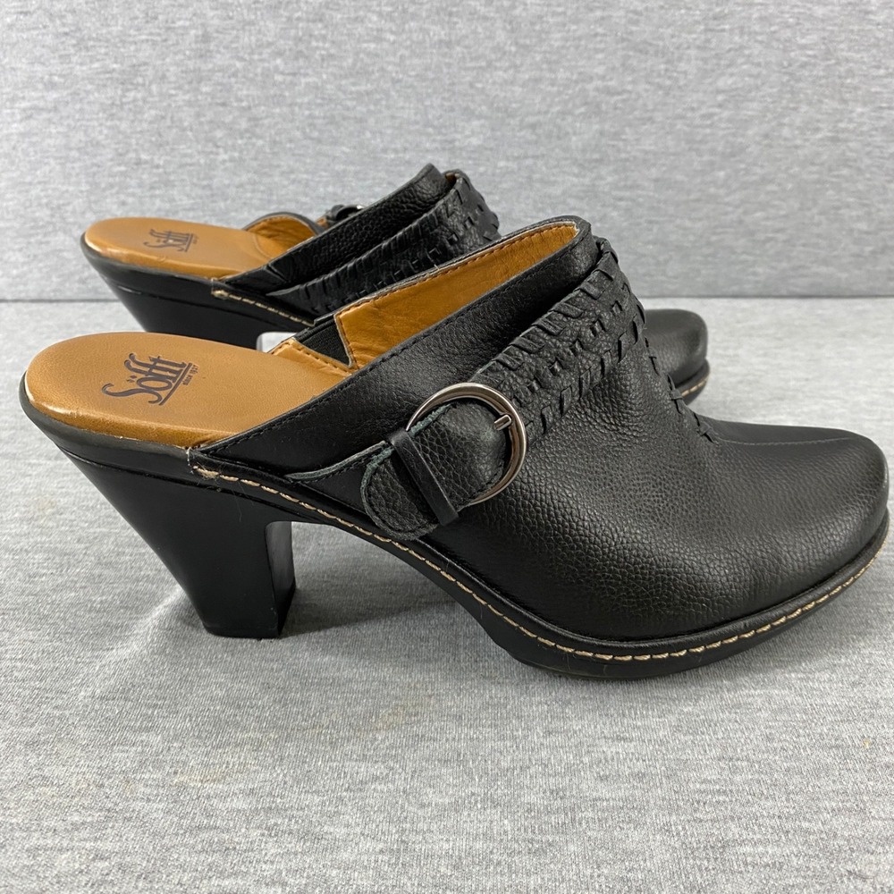 Söfft Leather Heeled Mules Clogs Women's Size 10M‎ Black Buckle Detail Boho